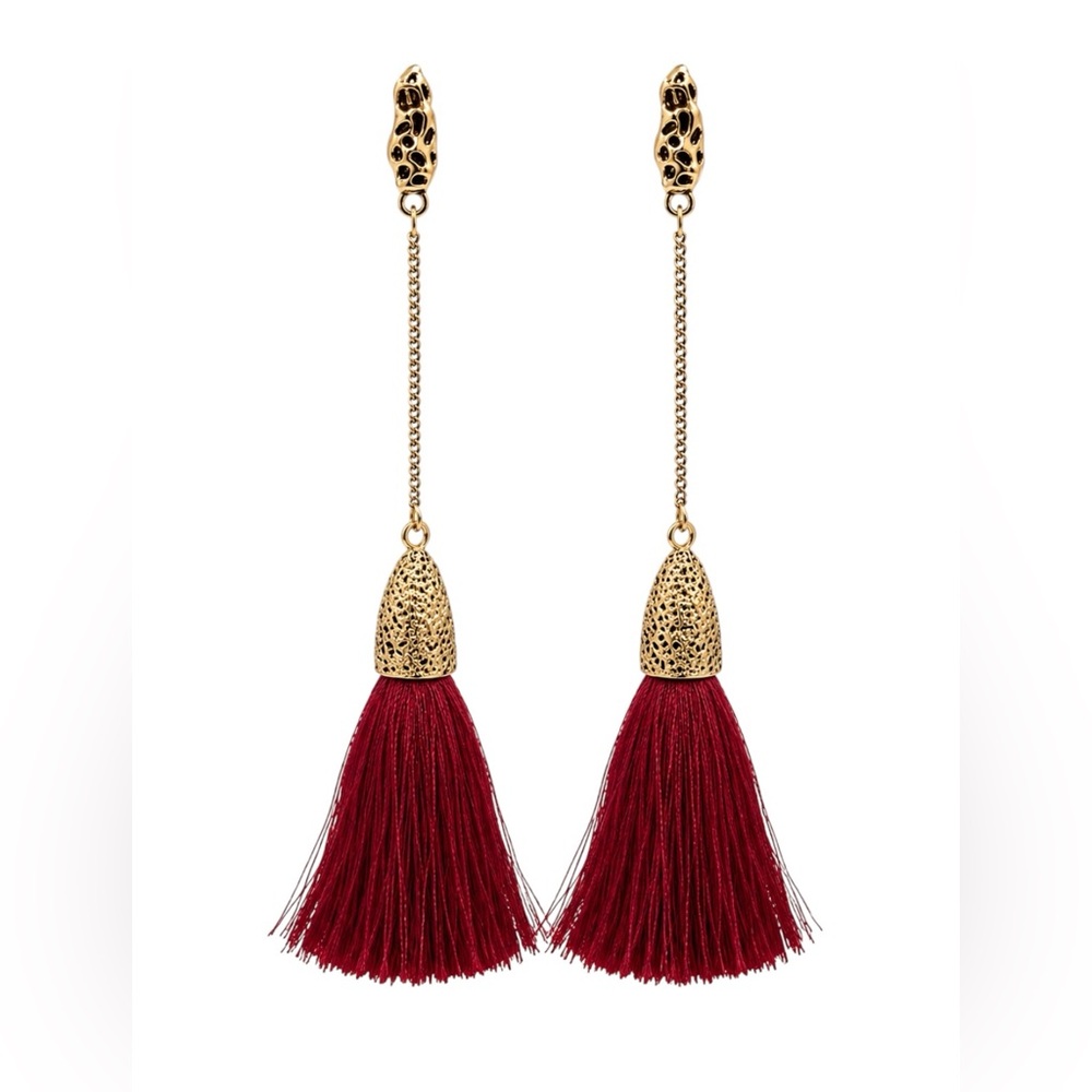 Gold and Burgundy Tassel Drop Earrings - Women Jewelry